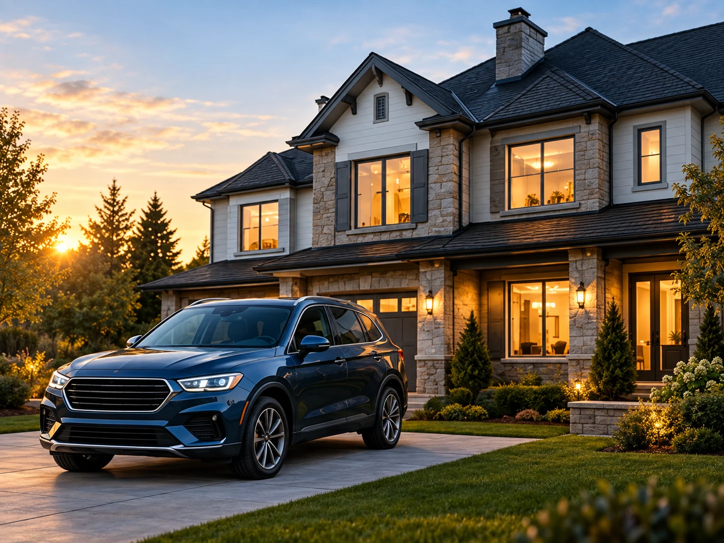 A home and vehicle at dusk